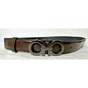 Salvatore Ferragamo Belt Patent Gunmetal Gray Buckle Logo 24 in  XS Designer